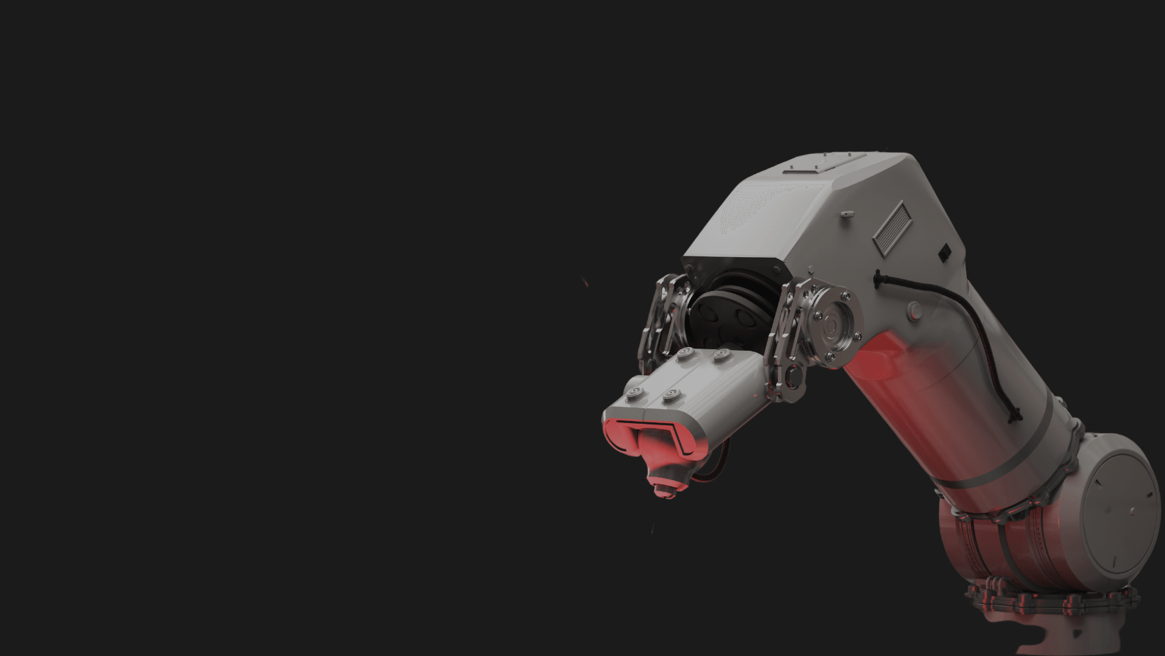 A light grey automation arm on a dark grey background.